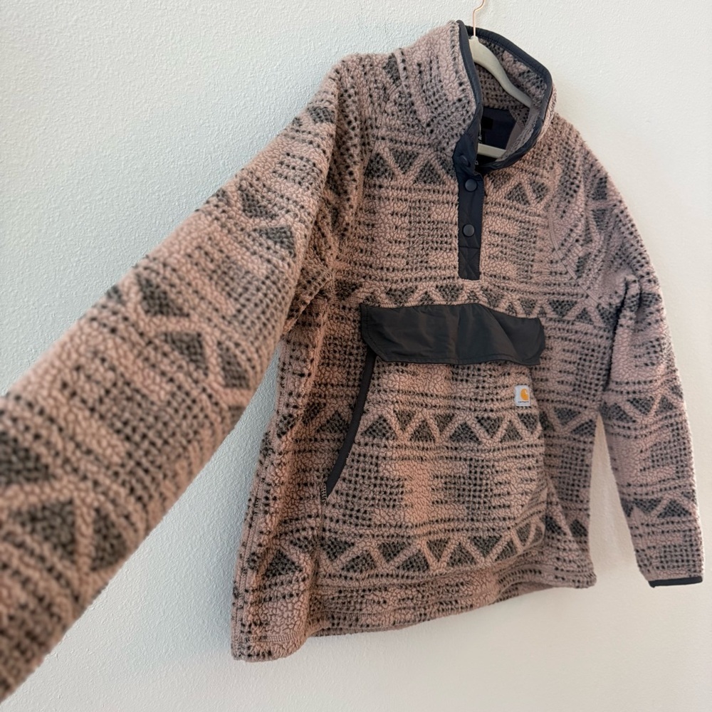 Carhartt Women's Relaxed Fit Fleece Pullover Warm Taupe Geometric Print Large - Picture 4 of 9